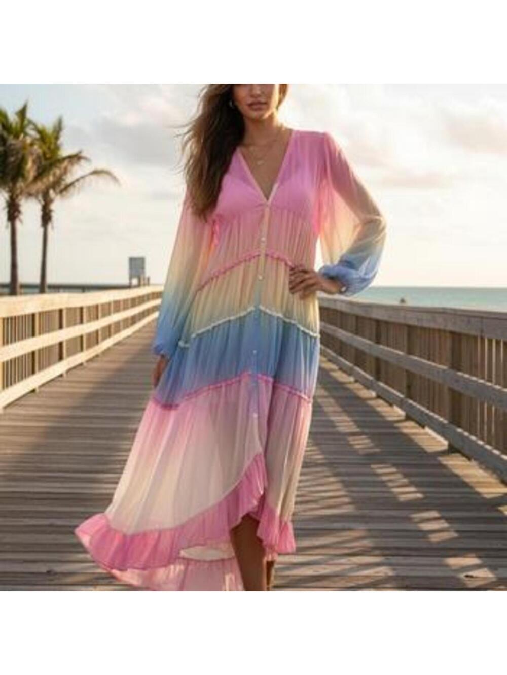 SOLD Women's Size XL Ombre Rainbow Tiered Ruffle Maxi Dress - Picture 4 of 15